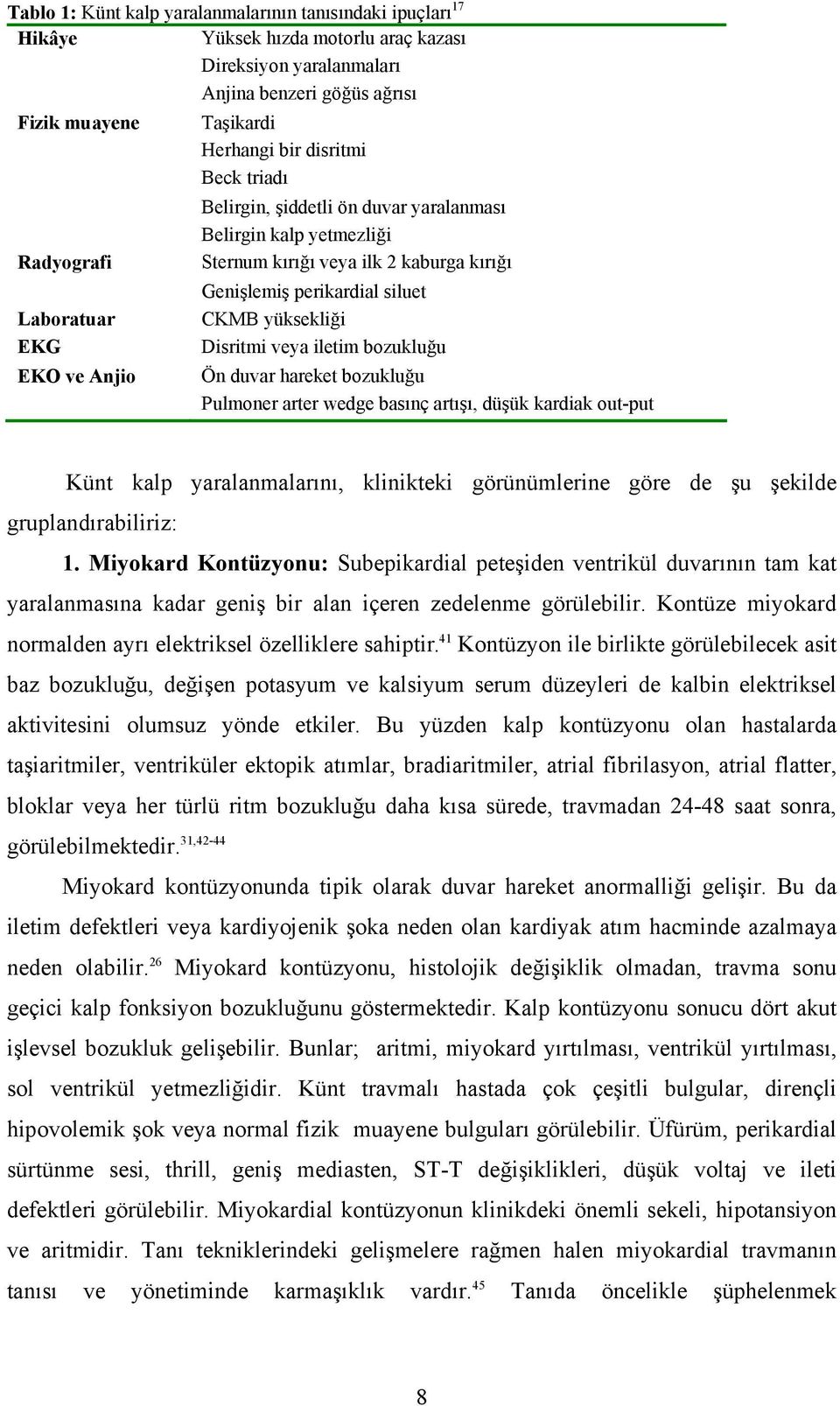 yüksekliği Disritmi veya iletim bozukluğu Ön duvar hareket bozukluğu Pulmoner arter wedge basınç artışı, düşük kardiak out-put Künt kalp yaralanmalarını, klinikteki görünümlerine göre de şu şekilde