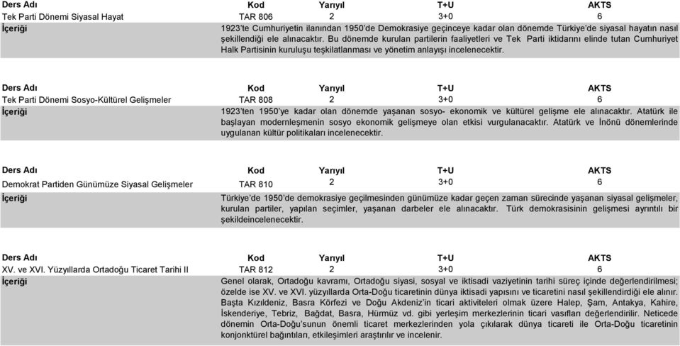 Tek Parti Dönemi Sosyo-Kültürel Gelişmeler TAR 808 2 3+0 6 1923 ten 1950 ye kadar olan dönemde yaşanan sosyo- ekonomik ve kültürel gelişme ele alınacaktır.