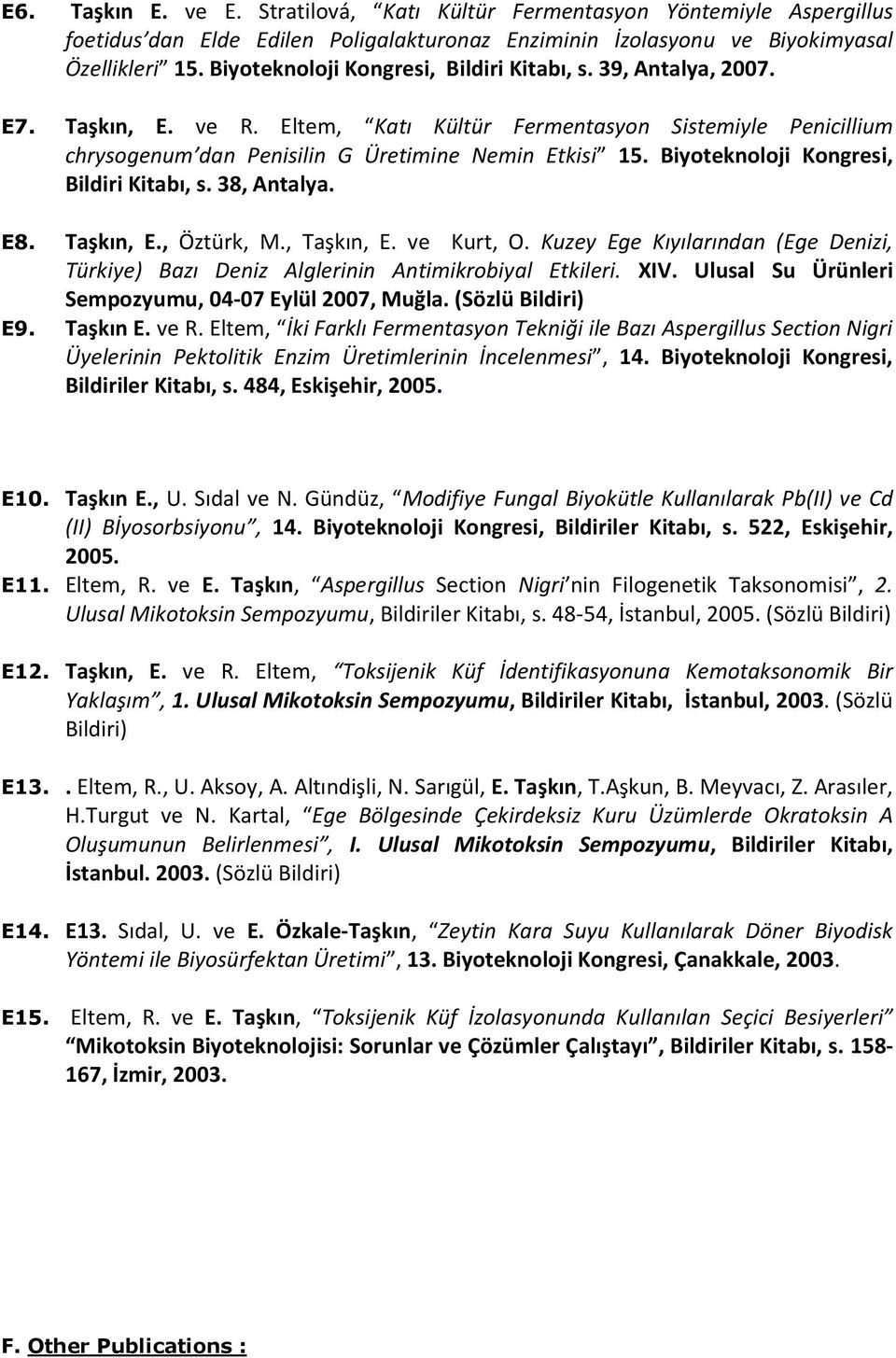 Biyoteknoloji Kongresi, Bildiri Kitabı, s. 38, Antalya. E8. Taşkın, E., Öztürk, M., Taşkın, E. ve Kurt, O. Kuzey Ege Kıyılarından (Ege Denizi, Türkiye) Bazı Deniz Alglerinin Antimikrobiyal Etkileri.