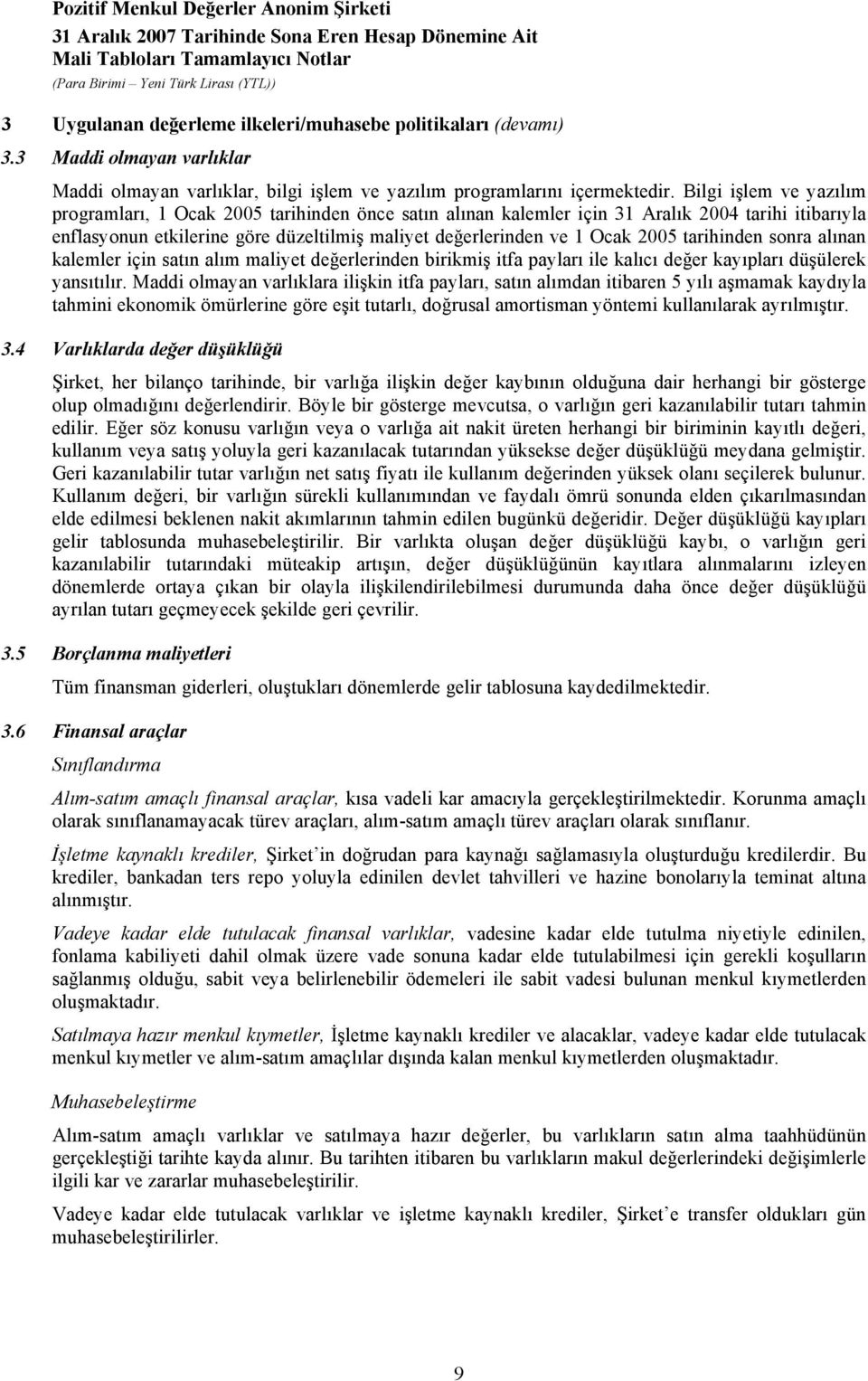 2005 tarihinden sonra alınan kalemler için satın alım maliyet değerlerinden birikmiş itfa payları ile kalıcı değer kayıpları düşülerek yansıtılır.