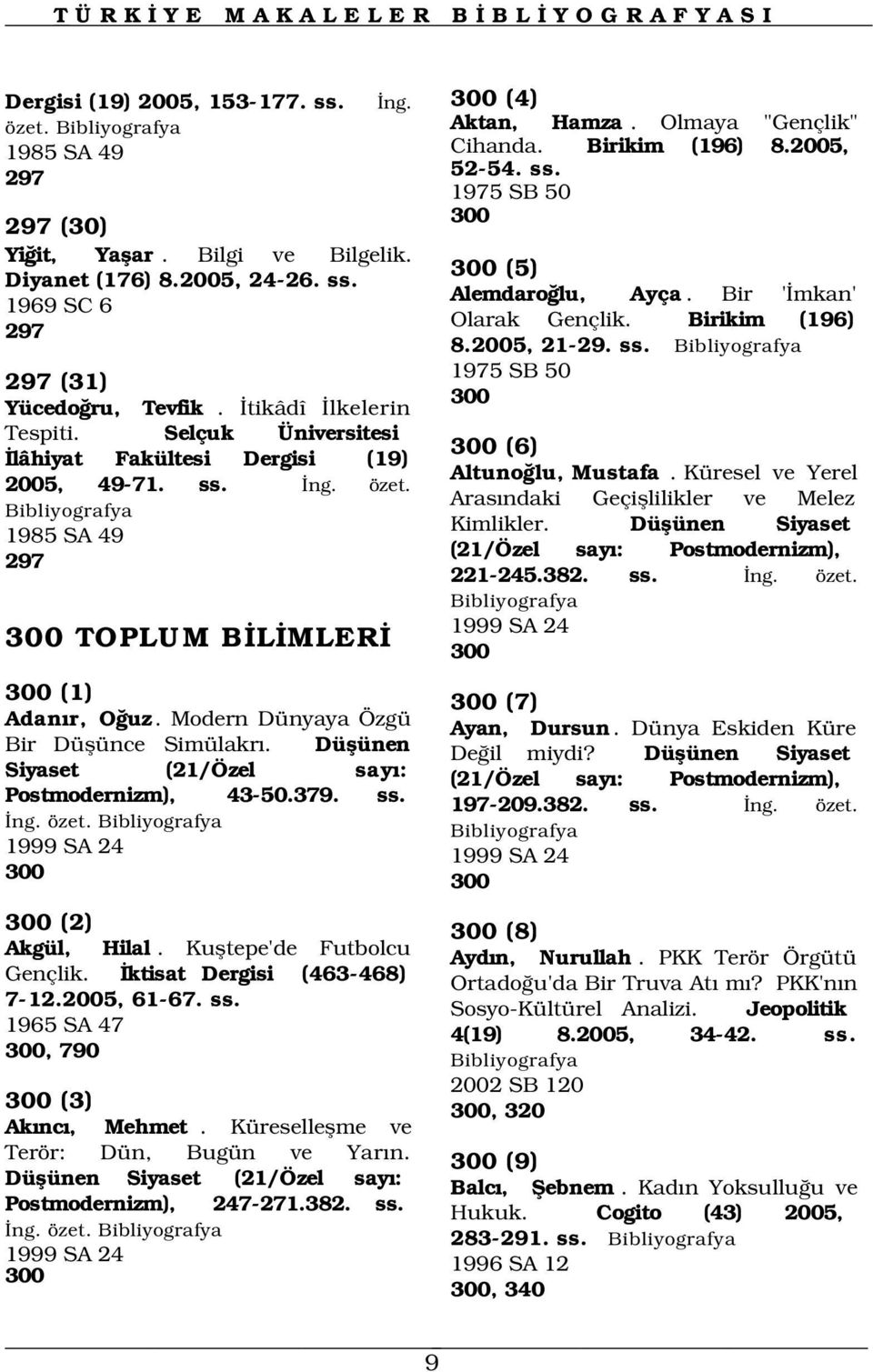 Bir ' mkan' Olarak Gençlik. Birikim (196) 8.2005, 21-29. ss. 1975 SB 50 300 300 (6) Altuno lu, Mustafa. Küresel ve Yerel Aras ndaki Geçifllilikler ve Melez Kimlikler.