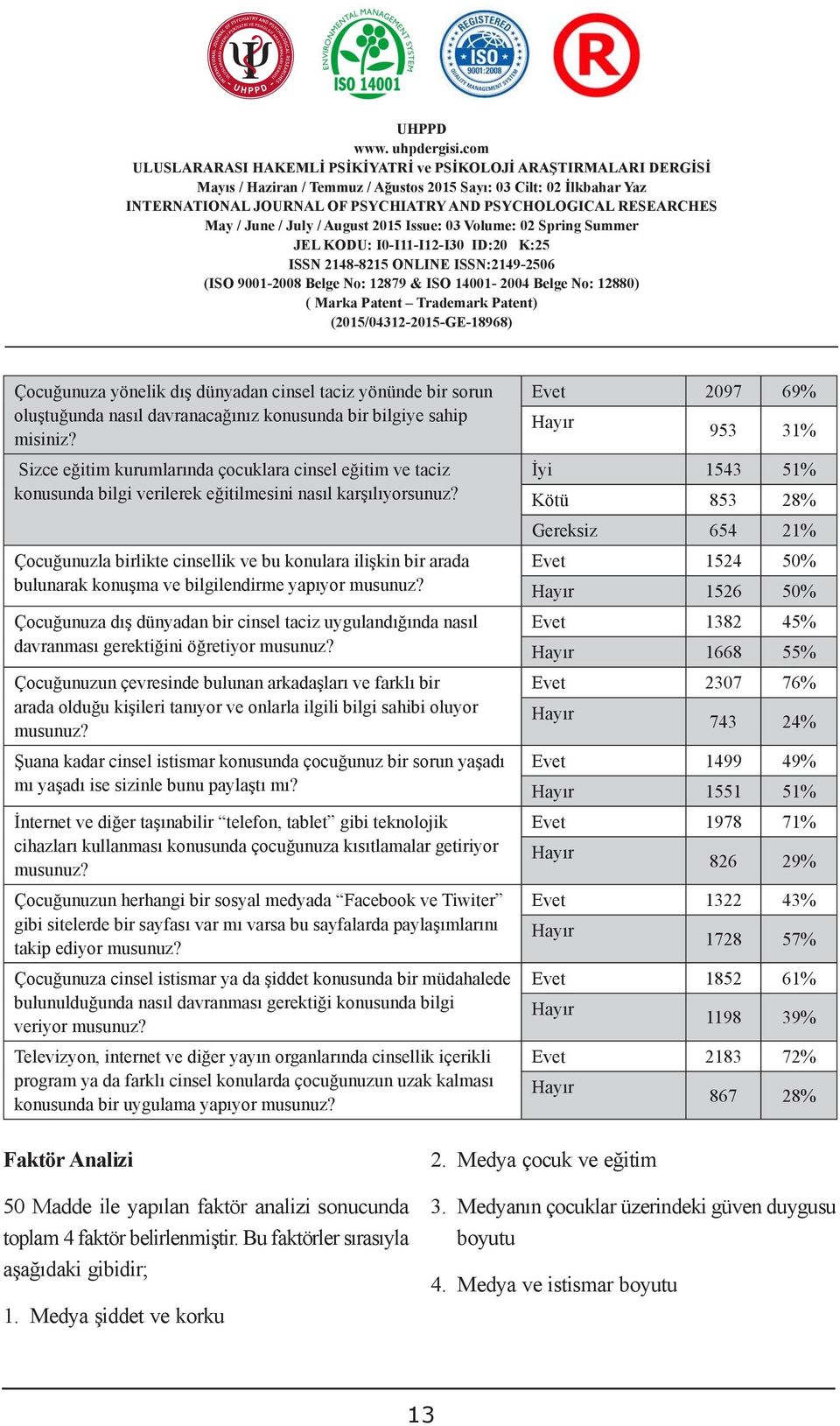 953 3% Sizce eğitim kurumlarında çocuklara cinsel eğitim CUSTOM ve taciz DUTIES İyi 543 5% konusunda bilgi verilerek eğitilmesini nasıl karşılıyorsunuz?