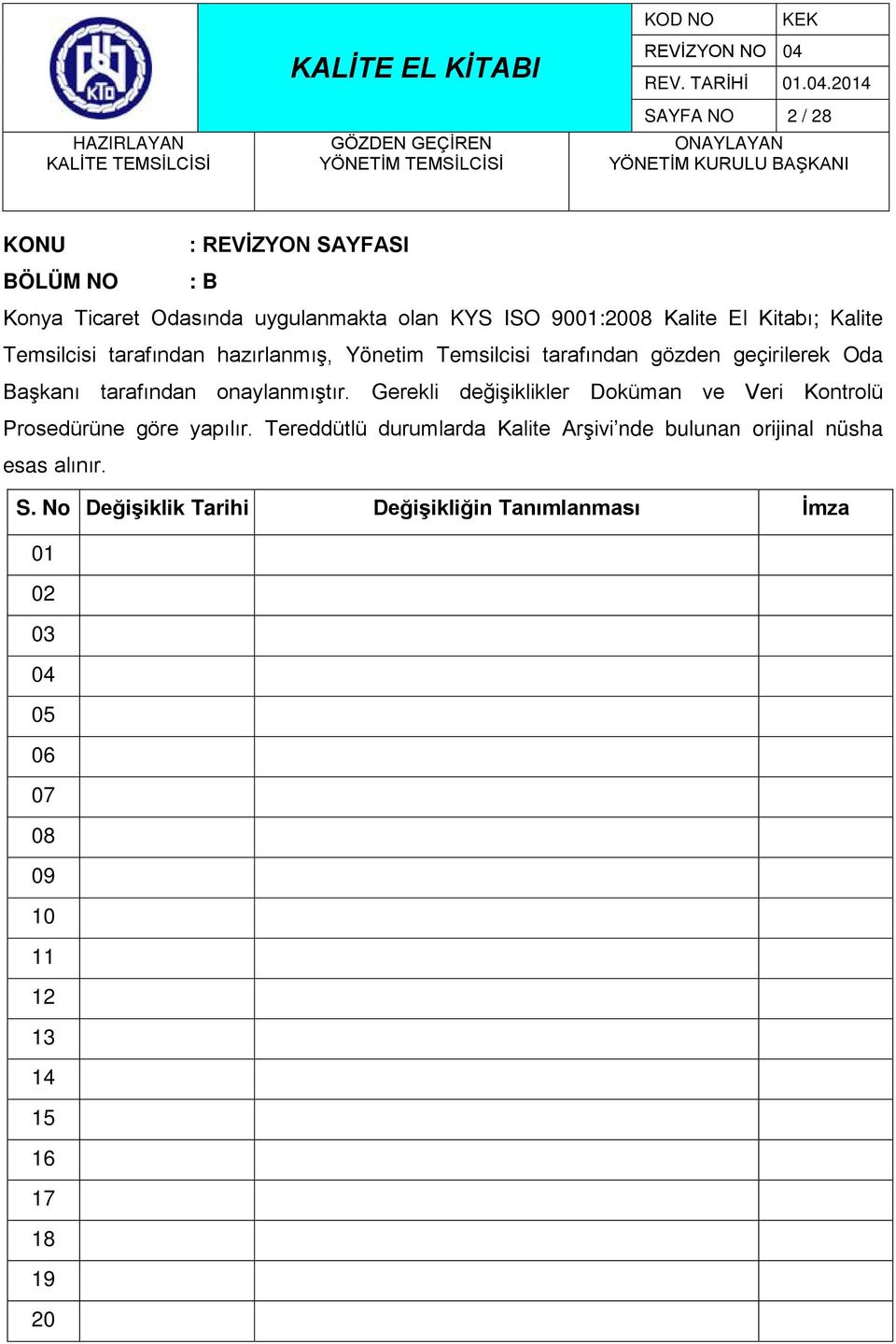 Gerekli değişiklikler Doküman ve Veri Kontrolü Prosedürüne göre yapılır.