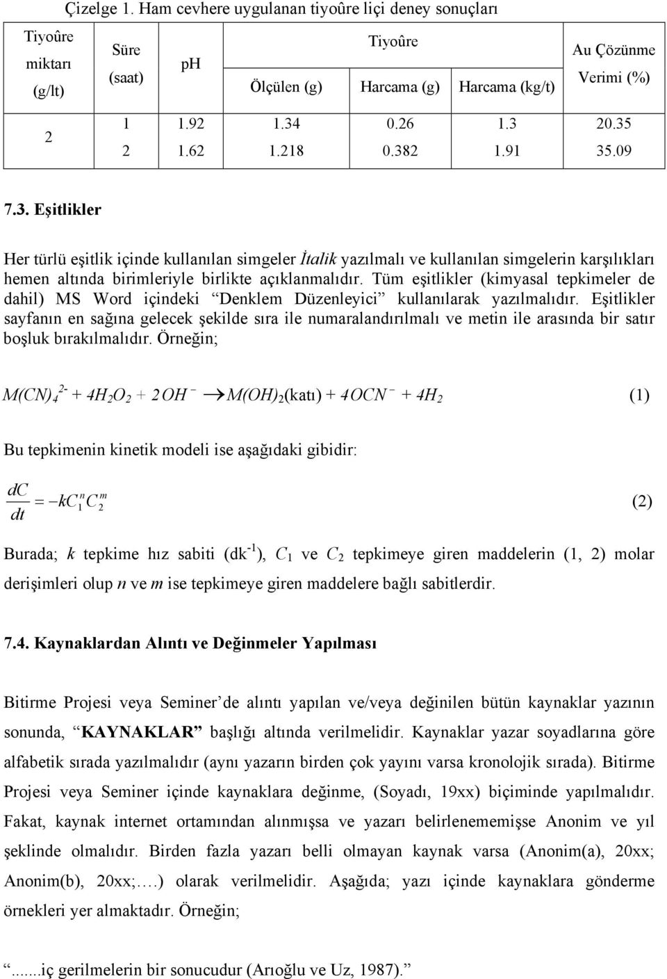 Tüm eşitlikler (kimyasal tepkimeler de dahil) MS Word içindeki Denklem Düzenleyici kullanılarak yazılmalıdır.