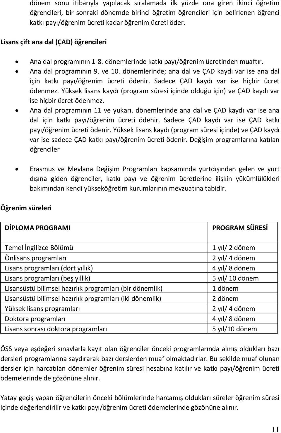 dönemlerinde; ana dal ve ÇAD kaydı var ise ana dal için katkı payı/öğrenim ücreti ödenir. Sadece ÇAD kaydı var ise hiçbir ücret ödenmez.