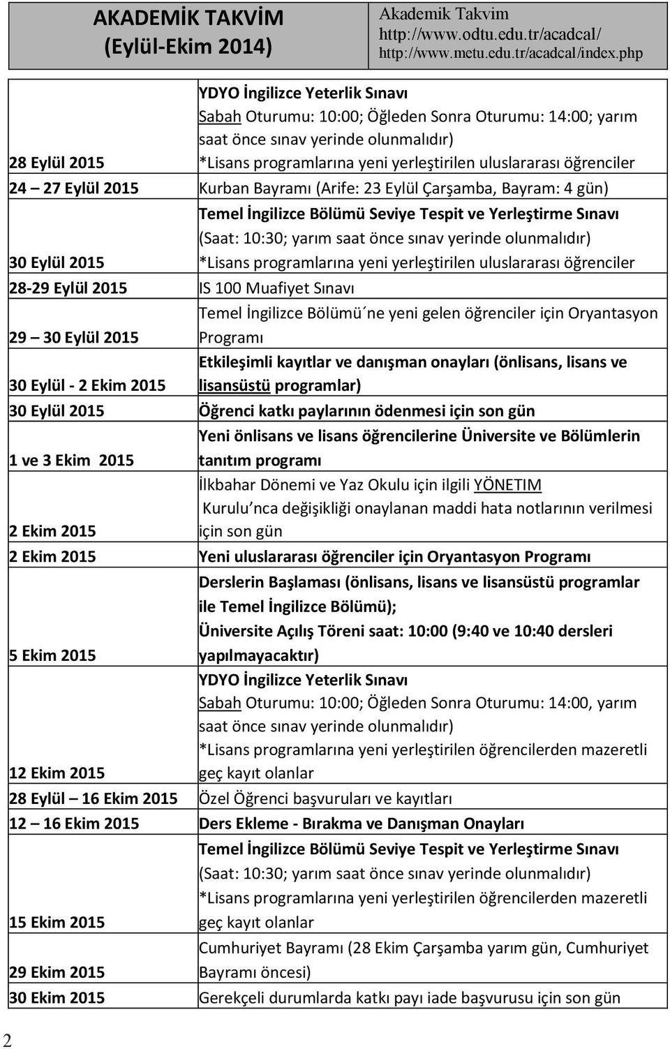 öğrenciler 24 27 Eylül 2015 Kurban Bayramı (Arife: 23 Eylül Çarşamba, Bayram: 4 gün) Temel İngilizce Bölümü Seviye Tespit ve Yerleştirme Sınavı (Saat: 10:30; yarım saat önce sınav yerinde