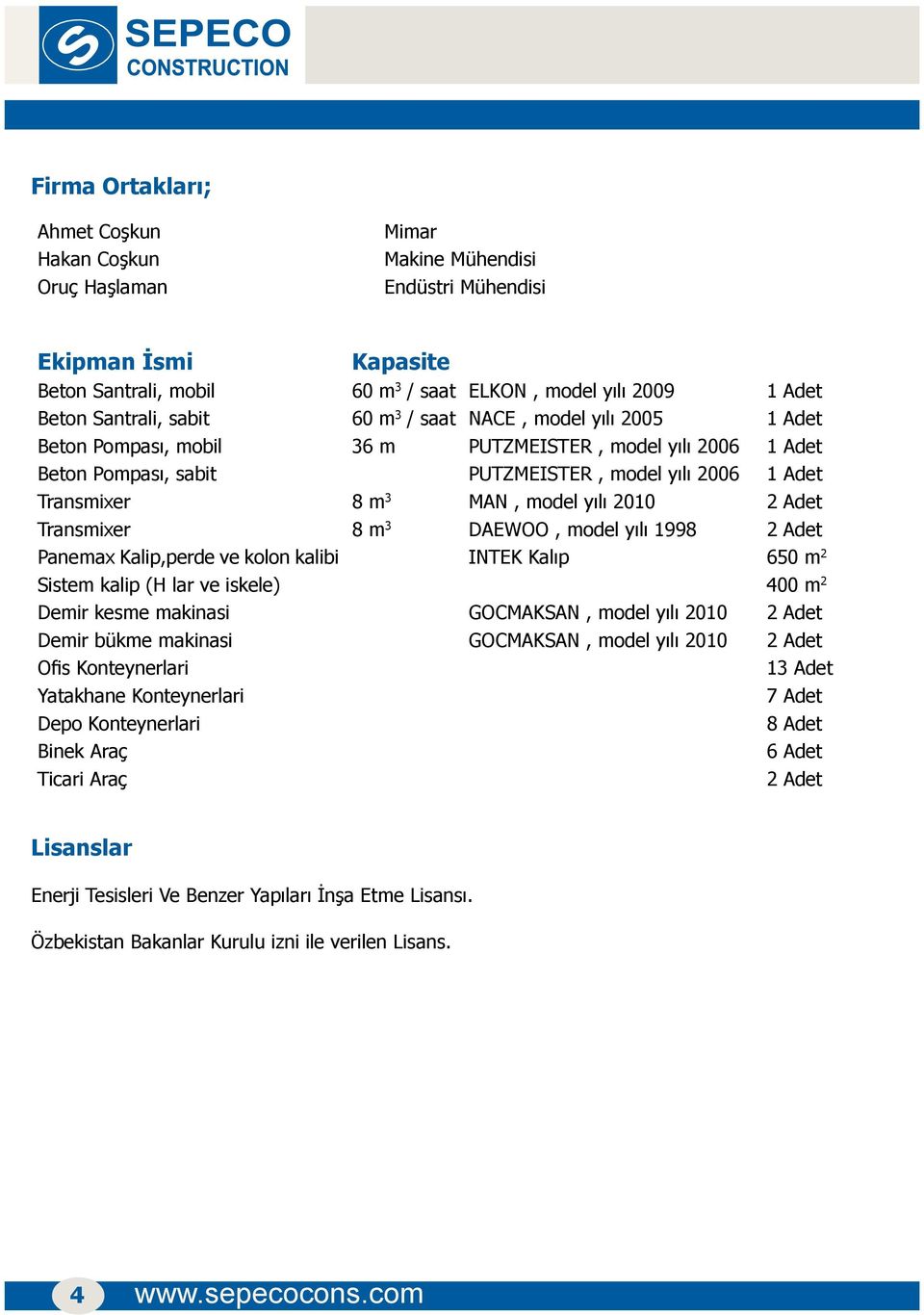 model yılı 2010 2 Adet Transmixer 8 m 3 DAEWOO, model yılı 1998 2 Adet Panemax Kalip,perde ve kolon kalibi INTEK Kalıp 650 m 2 Sistem kalip (H lar ve iskele) 400 m 2 Demir kesme makinasi GOCMAKSAN,