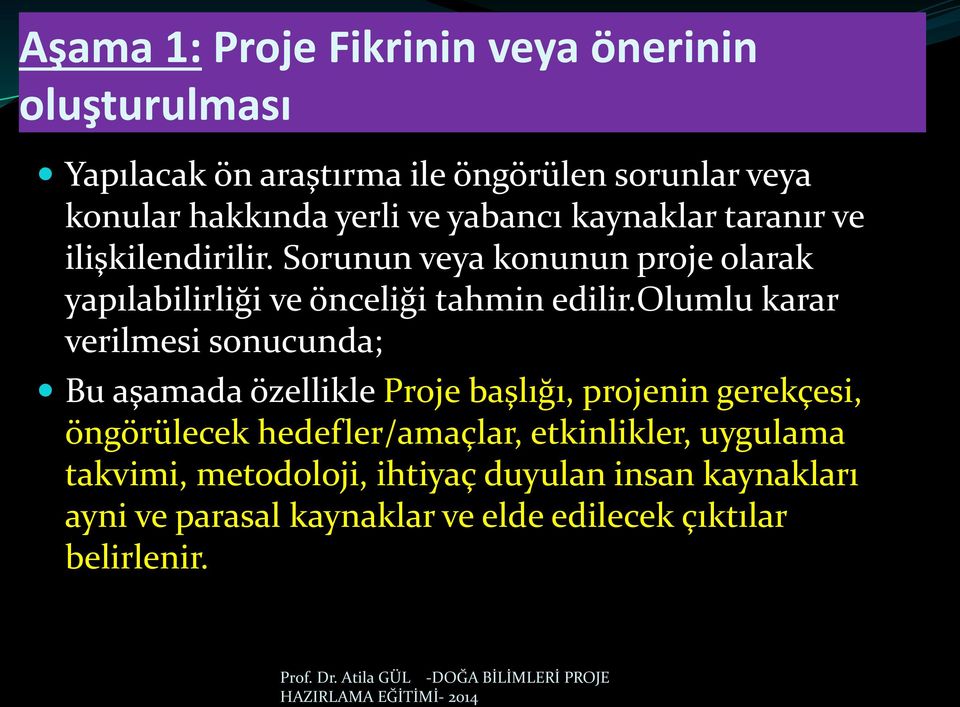 olumlu karar verilmesi sonucunda; Bu aşamada özellikle Proje başlığı, projenin gerekçesi, öngörülecek hedefler/amaçlar, etkinlikler, uygulama