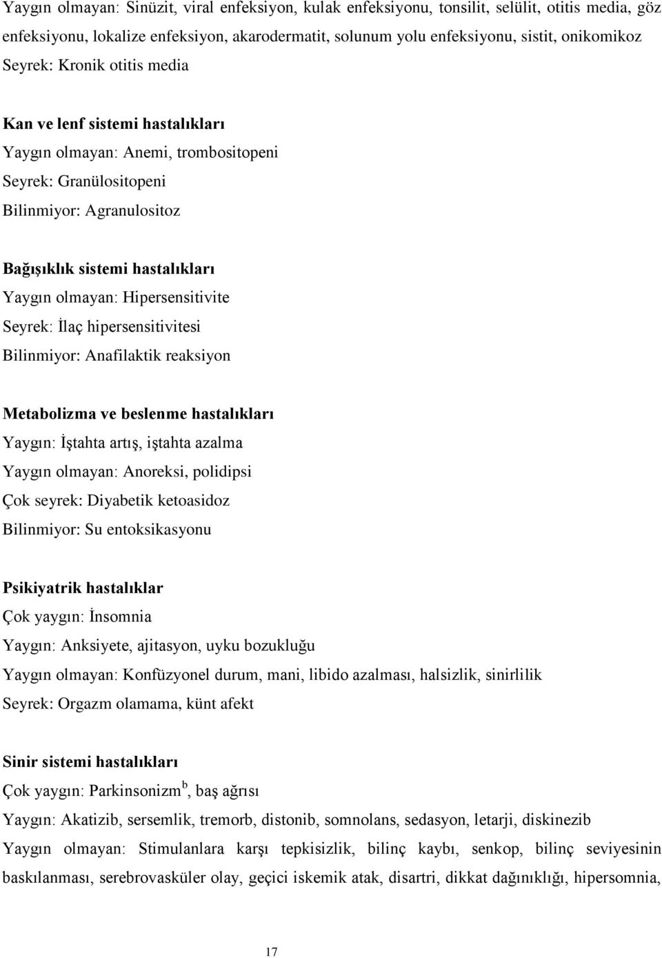 Hipersensitivite Seyrek: İlaç hipersensitivitesi Bilinmiyor: Anafilaktik reaksiyon Metabolizma ve beslenme hastalıkları Yaygın: İştahta artış, iştahta azalma Yaygın olmayan: Anoreksi, polidipsi Çok