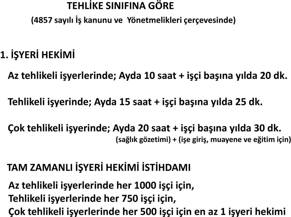 Tehlikeli işyerinde; Ayda 15 saat + işçi başına yılda 25 dk. Çok tehlikeli işyerinde; Ayda 20 saat + işçi başına yılda 30 dk.