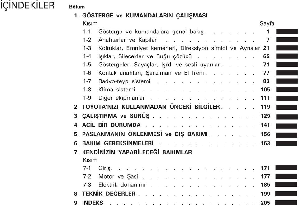 .... 71 1-6 Kontak anahtarý, Þanzýman ve El freni....... 77 1-7 Radyo-teyp sistemi............. 83 1-8 Klima sistemi............... 105 1-9 Diðer ekipmanlar.............. 111 2.