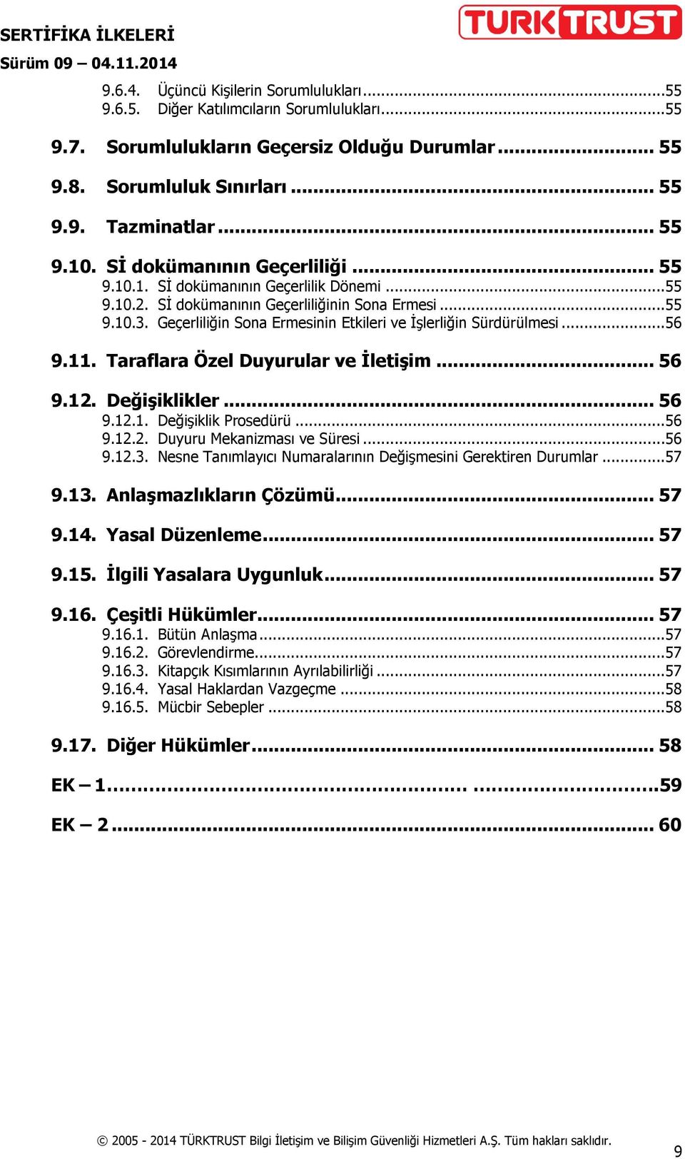 Geçerliliğin Sona Ermesinin Etkileri ve İşlerliğin Sürdürülmesi...56 9.11. Taraflara Özel Duyurular ve İletişim... 56 9.12. Değişiklikler... 56 9.12.1. Değişiklik Prosedürü...56 9.12.2. Duyuru Mekanizması ve Süresi.