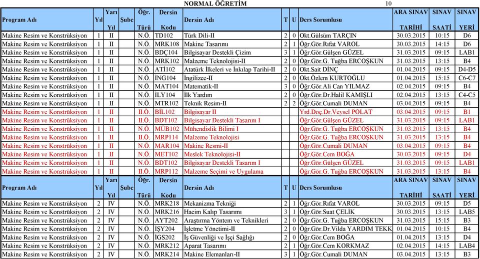 Gör.G. Tuğba ERCOŞKUN 31.03.2015 13:15 B4 Makine Resim ve Konstrüksiyon 1 II N.Ö. ATİ102 Atatürk İlkeleri ve İnkılap Tarihi-II 2 0 Okt.Sait DİNÇ 01.04.