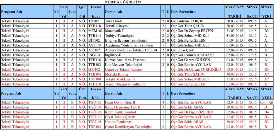 Gör.Selma MIDIKLI 31.03.2015 13:15 A1 Tekstil Teknolojisi 1 II A N.Ö. BİT102 Bilgi ve İletişim Teknolojisi 2 0 Öğr.Gör.Berfu GELEN 01.04.2015 09:15 A1 Tekstil Teknolojisi 1 II A N.Ö. AYT104 Araştırma Yöntem ve Teknikleri 1 1 Öğr.