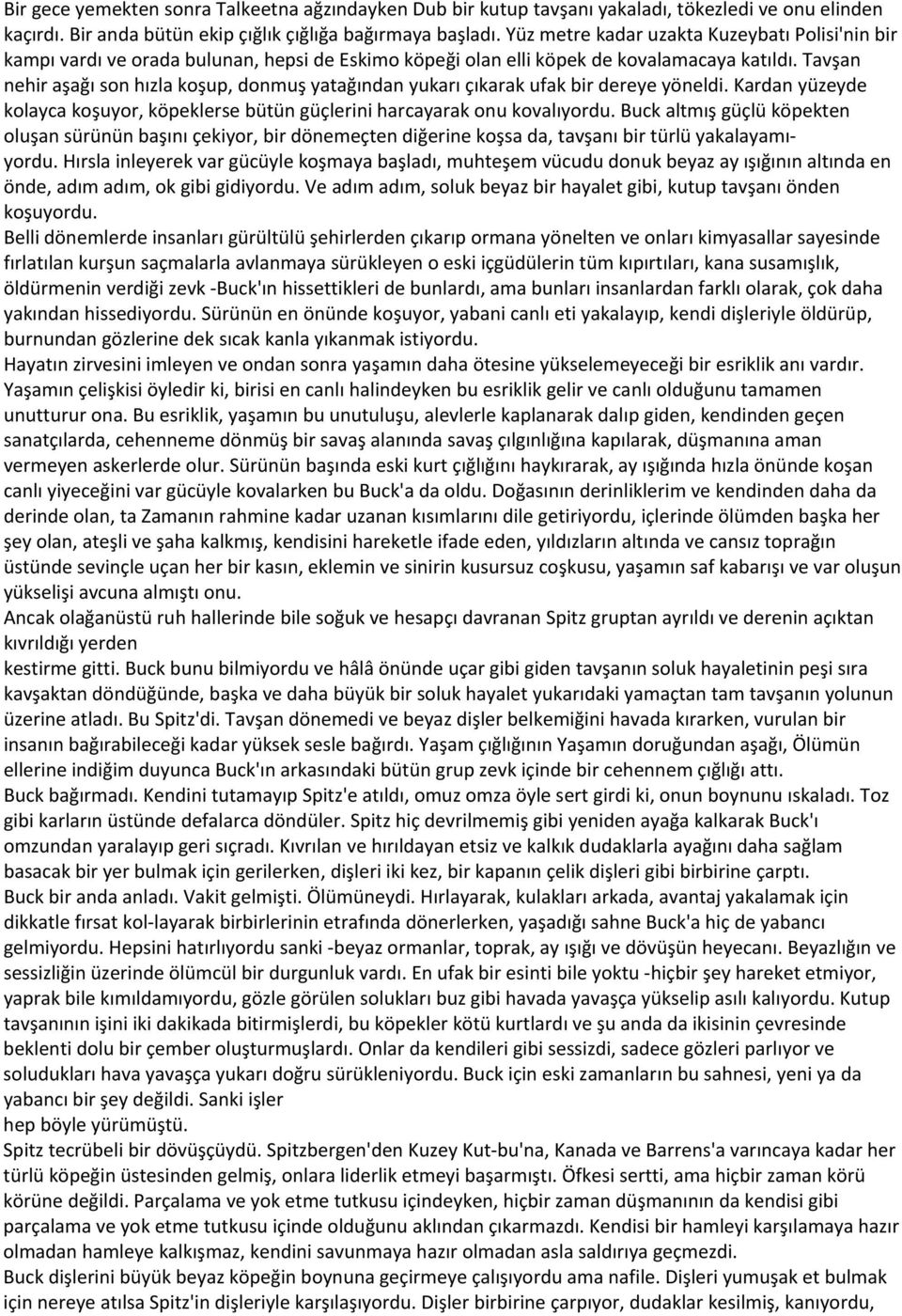 Tavşan nehir aşağı son hızla koşup, donmuş yatağından yukarı çıkarak ufak bir dereye yöneldi. Kardan yüzeyde kolayca koşuyor, köpeklerse bütün güçlerini harcayarak onu kovalıyordu.