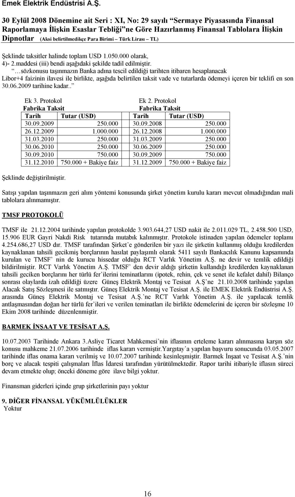 30.06.2009 tarihine kadar.. Ek 3. Protokol Ek 2. Protokol Fabrika Taksit Fabrika Taksit Tarih Tutar (USD) Tarih Tutar (USD) 30.09.2009 250.000 30.09.2008 250.000 26.12.2009 1.000.000 26.12.2008 1.000.000 31.