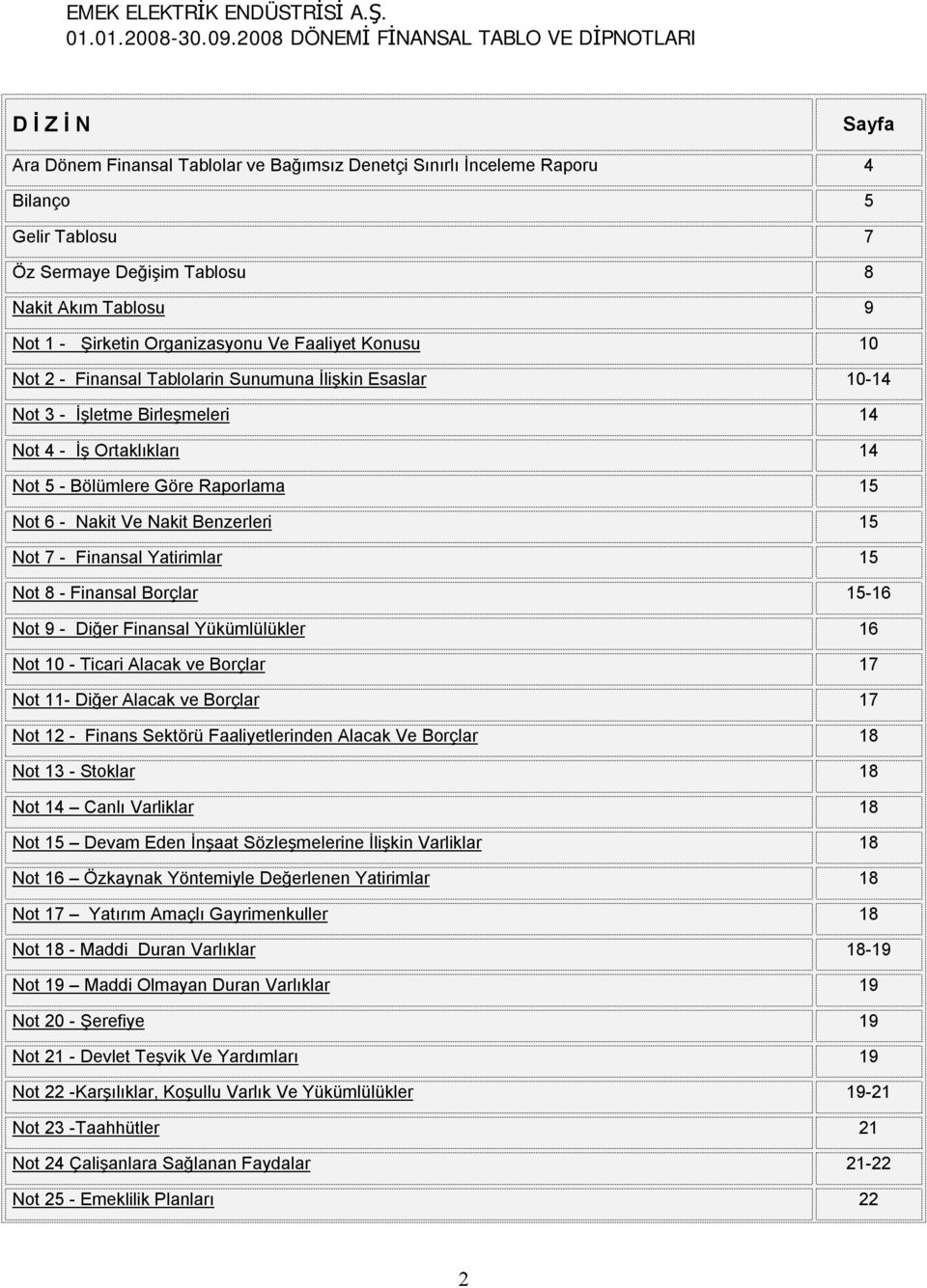 Tablosu 9 Not 1 - Şirketin Organizasyonu Ve Faaliyet Konusu 10 Not 2 - Finansal Tablolarin Sunumuna İlişkin Esaslar 10-14 Not 3 - İşletme Birleşmeleri 14 Not 4 - İş Ortaklıkları 14 Not 5 - Bölümlere