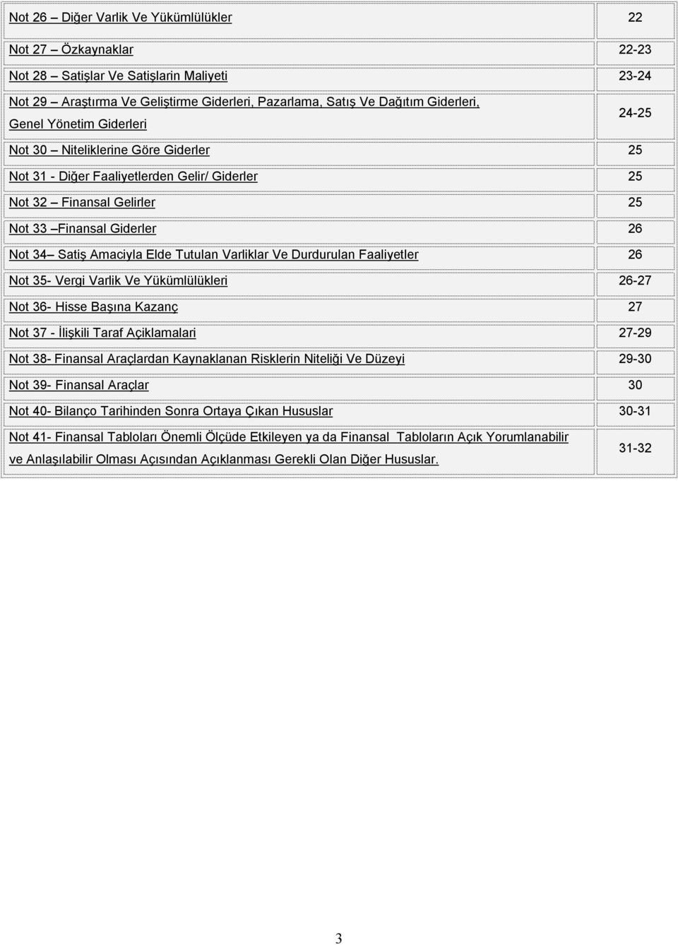 Tutulan Varliklar Ve Durdurulan Faaliyetler 26 Not 35- Vergi Varlik Ve Yükümlülükleri 26-27 Not 36- Hisse Başına Kazanç 27 Not 37 - İlişkili Taraf Açiklamalari 27-29 Not 38- Finansal Araçlardan