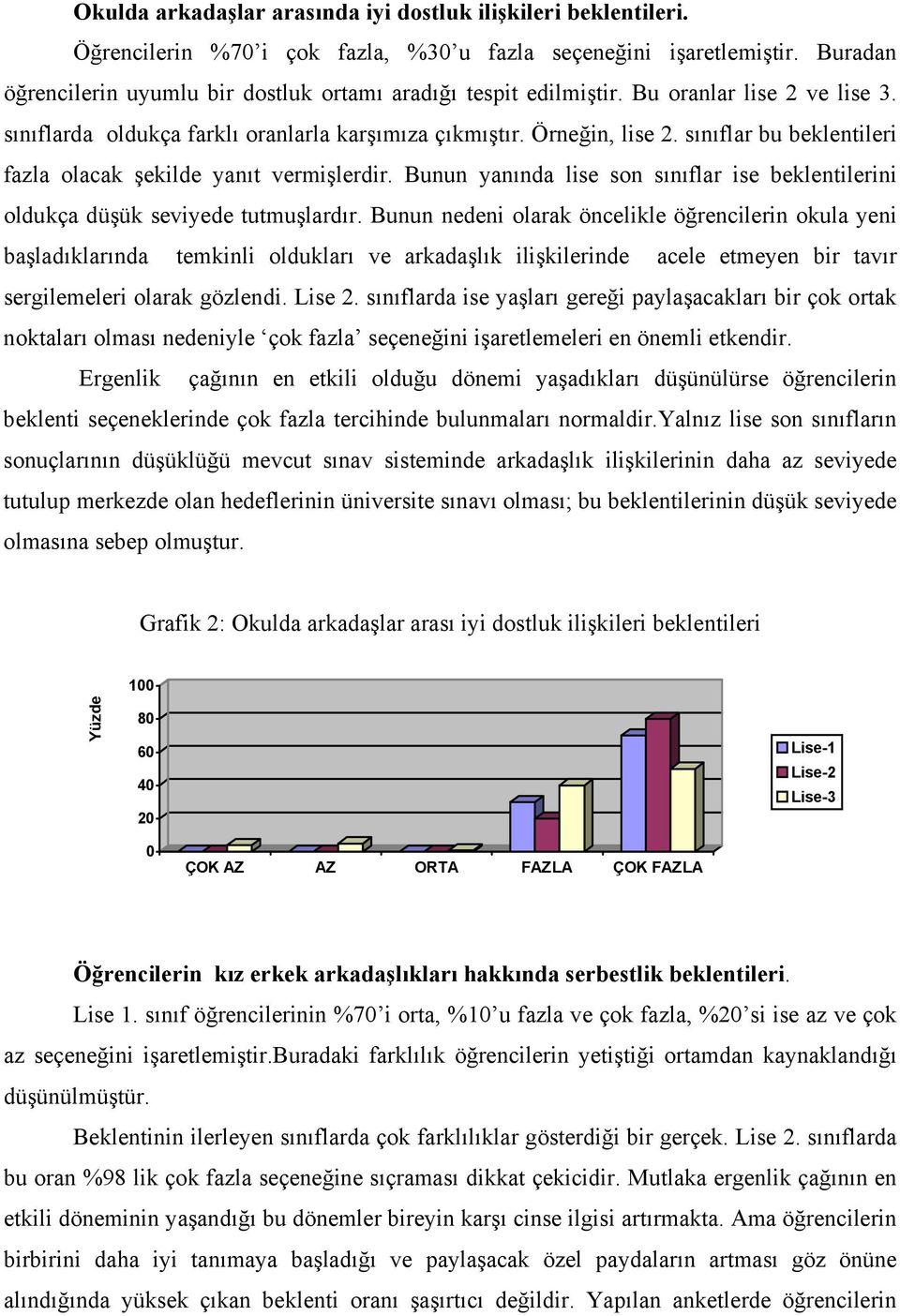 sınıflar bu beklentileri fazla olacak şekilde yanıt vermişlerdir. Bunun yanında lise son sınıflar ise beklentilerini oldukça düşük seviyede tutmuşlardır.