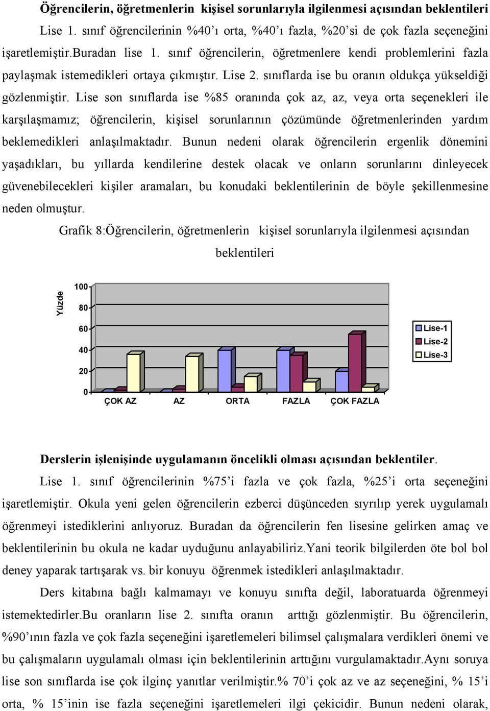 Lise son sınıflarda ise %85 oranında çok az, az, veya orta seçenekleri ile karşılaşmamız; öğrencilerin, kişisel sorunlarının çözümünde öğretmenlerinden yardım beklemedikleri anlaşılmaktadır.