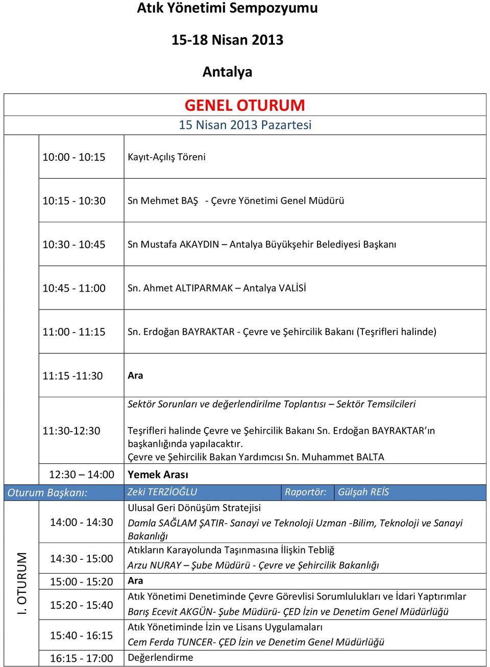 Erdoğan BAYRAKTAR - Çevre ve Şehircilik Bakanı (Teşrifleri halinde) 11:15-11:30 Ara 11:30-12:30 Sektör Sorunları ve değerlendirilme Toplantısı Sektör Temsilcileri Teşrifleri halinde Çevre ve