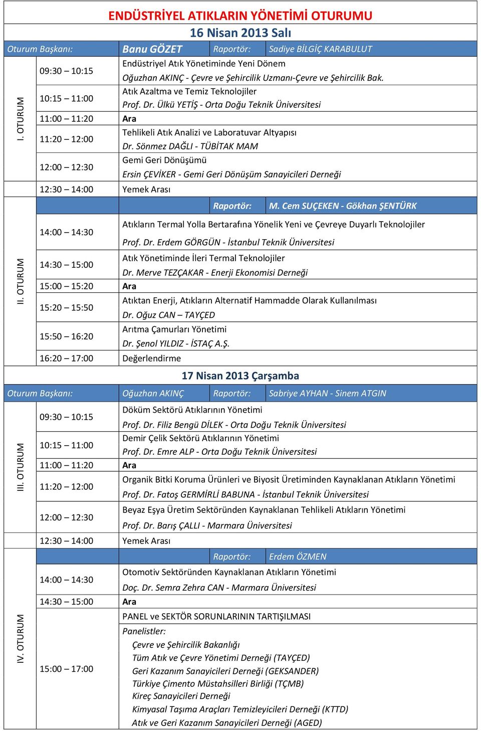 Sönmez DAĞLI - TÜBİTAK MAM 12:00 12:30 Gemi Geri Dönüşümü Ersin ÇEVİKER - Gemi Geri Dönüşüm Sanayicileri Derneği 14:00 14:30 Raportör: M.