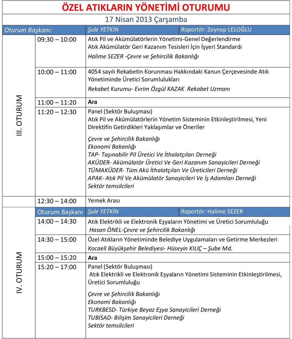 Özgül KAZAK Rekabet Uzmanı II 11:20 12:30 Panel (Sektör Buluşması) Atık Pil ve Akümülatörlerin Yönetim Sisteminin Etkinleştirilmesi, Yeni Direktifin Getirdikleri Yaklaşımlar ve Öneriler Çevre ve