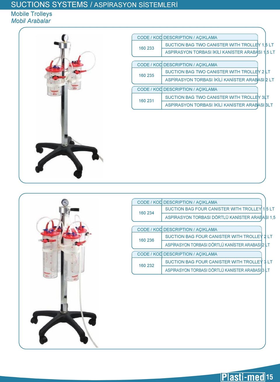 TORBASI İKİLİ KANİSTER ARABASI 3LT SUCTION BAG FOUR CANISTER WITH TROLLEY 1,5 LT 160 234 ASPİRASYON TORBASI DÖRTLÜ KANİSTER ARABASI 1,5 SUCTION BAG FOUR CANISTER WITH