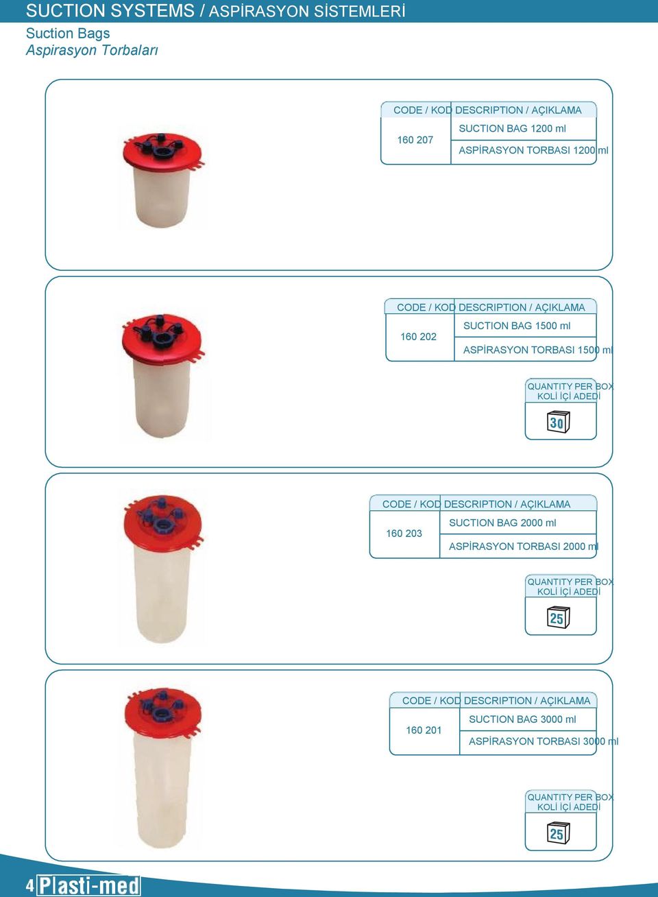 QUANTITY PER BOX KOLİ İÇİ ADEDİ 160 203 SUCTION BAG 2000 ml ASPİRASYON TORBASI 2000 ml QUANTITY