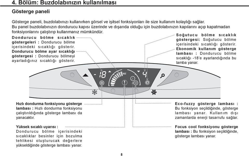 Dondurucu bölme sı caklı k göstergeleri : Dondurucu bölme içerisindeki sıcaklığı gösterir. Dondurucu bölme ayar sıcaklığı göstergesi : Dondurucu bölmeyi ayarladığınız sıcaklığı gösterir.