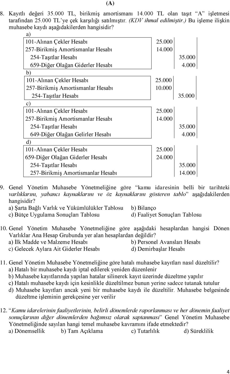 000 101-Alınan Çekler Hesabı 25.000 257-BirikmiĢ Amortismanlar Hesabı 10.000 254-TaĢıtlar Hesabı 35.000 101-Alınan Çekler Hesabı 25.000 257-BirikmiĢ Amortismanlar Hesabı 14.000 254-TaĢıtlar Hesabı 35.000 649-Diğer Olağan Gelirler Hesabı 4.