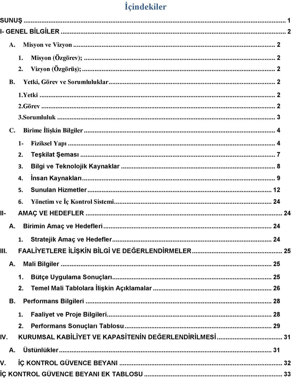 .. 24 II- AMAÇ VE HEDEFLER... 24 A. Birimin Amaç ve Hedefleri... 24 1. Stratejik Amaç ve Hedefler... 24 III. FAALİYETLERE İLİŞKİN BİLGİ VE DEĞERLENDİRMELER... 25 A. Mali Bilgiler... 25 1.