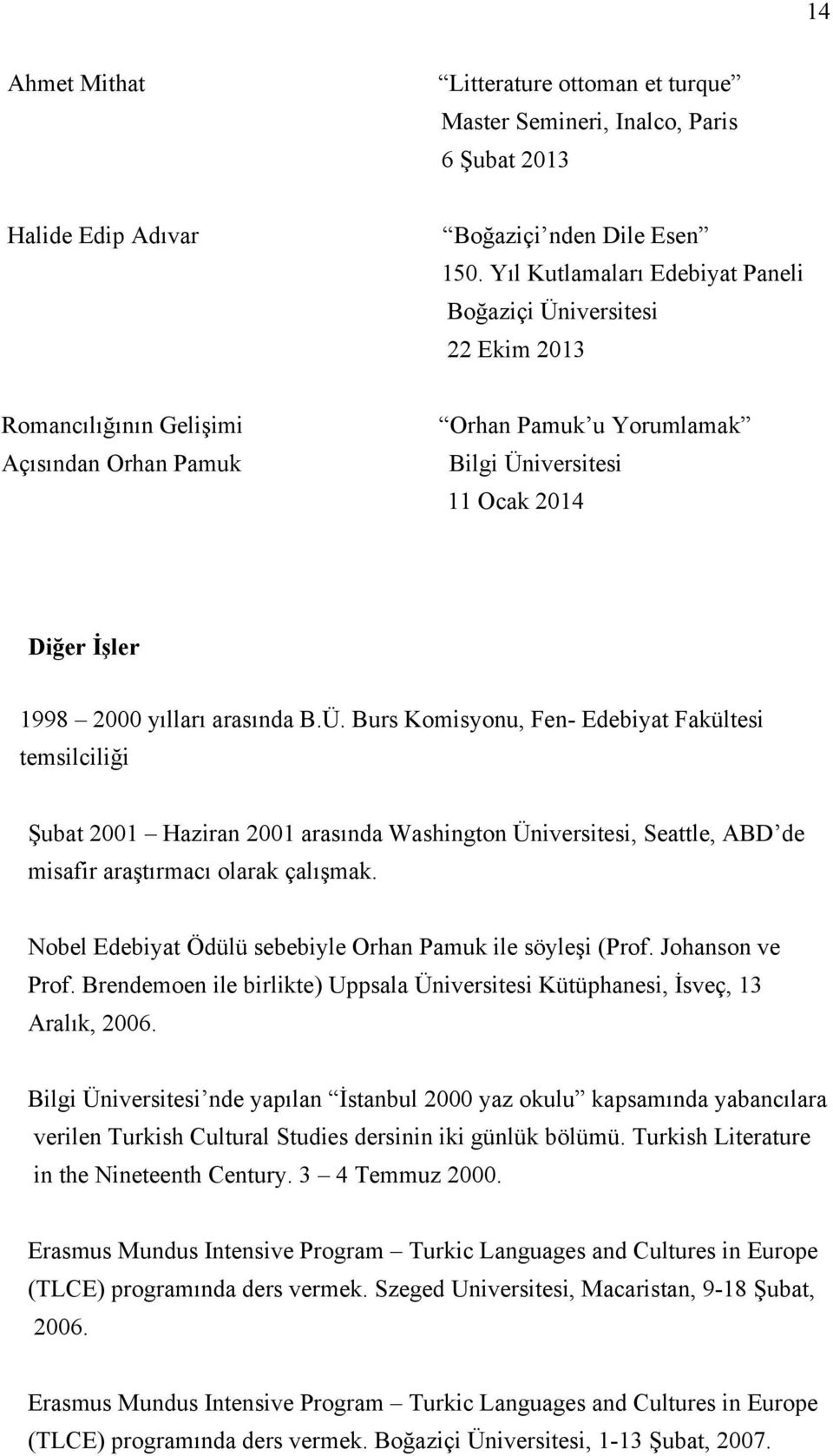 arasında B.Ü. Burs Komisyonu, Fen- Edebiyat Fakültesi temsilciliği Şubat 2001 Haziran 2001 arasında Washington Üniversitesi, Seattle, ABD de misafir araştırmacı olarak çalışmak.