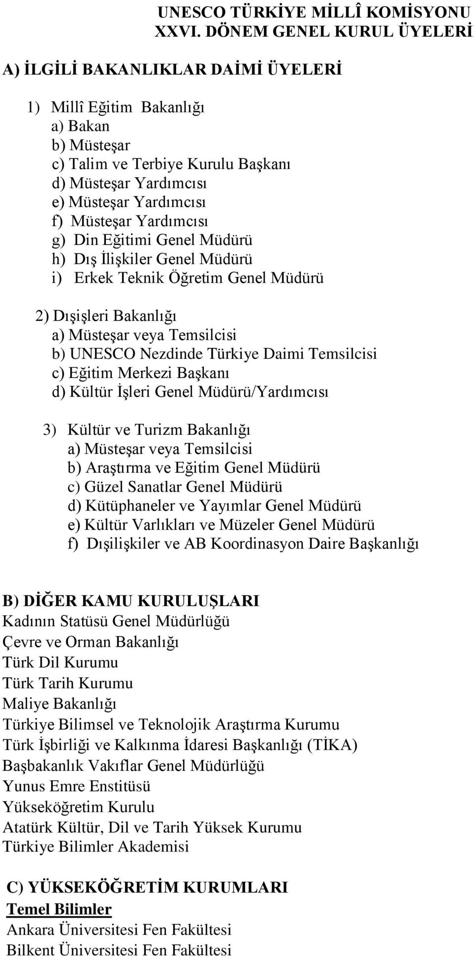 Yardımcısı g) Din i Genel Müdürü h) Dış Ġlişkiler Genel Müdürü i) Erkek Teknik Öğretim Genel Müdürü 2) Dışişleri Bakanlığı a) Müsteşar veya Temsilcisi b) UNESCO Nezdinde Türkiye Daimi Temsilcisi c)