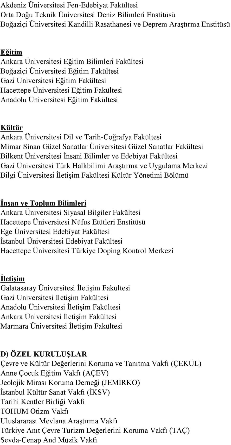 Fakültesi Mimar Sinan Güzel Sanatlar Üniversitesi Güzel Sanatlar Fakültesi Bilkent Üniversitesi Ġnsani Bilimler ve Edebiyat Fakültesi Gazi Üniversitesi Türk Halkbilimi Araştırma ve Uygulama Merkezi