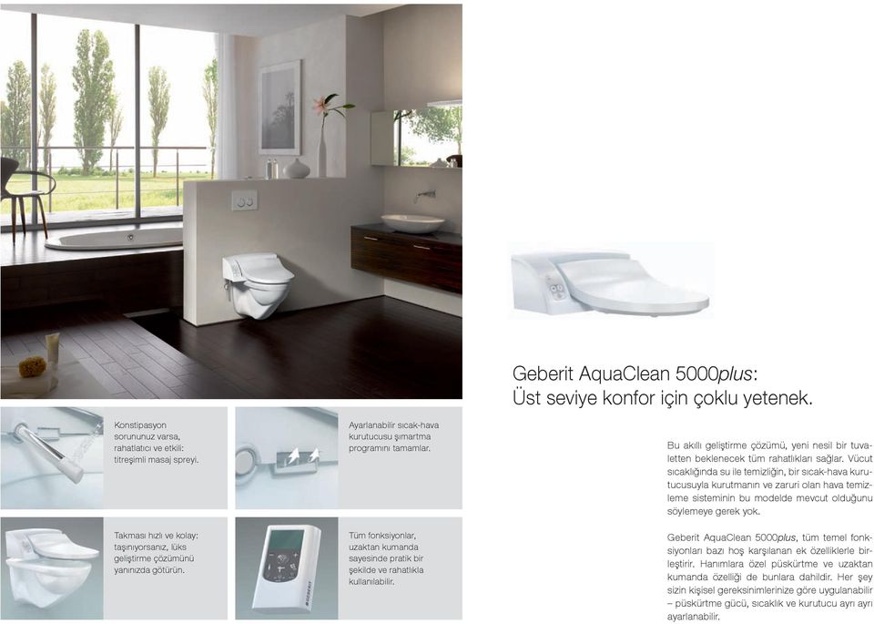 Geberit AquaClean 5000plus: Üst seviye konfor için çoklu yetenek. Bu akıllı geliştirme çözümü, yeni nesil bir tuvaletten beklenecek tüm rahatlıkları sağlar.