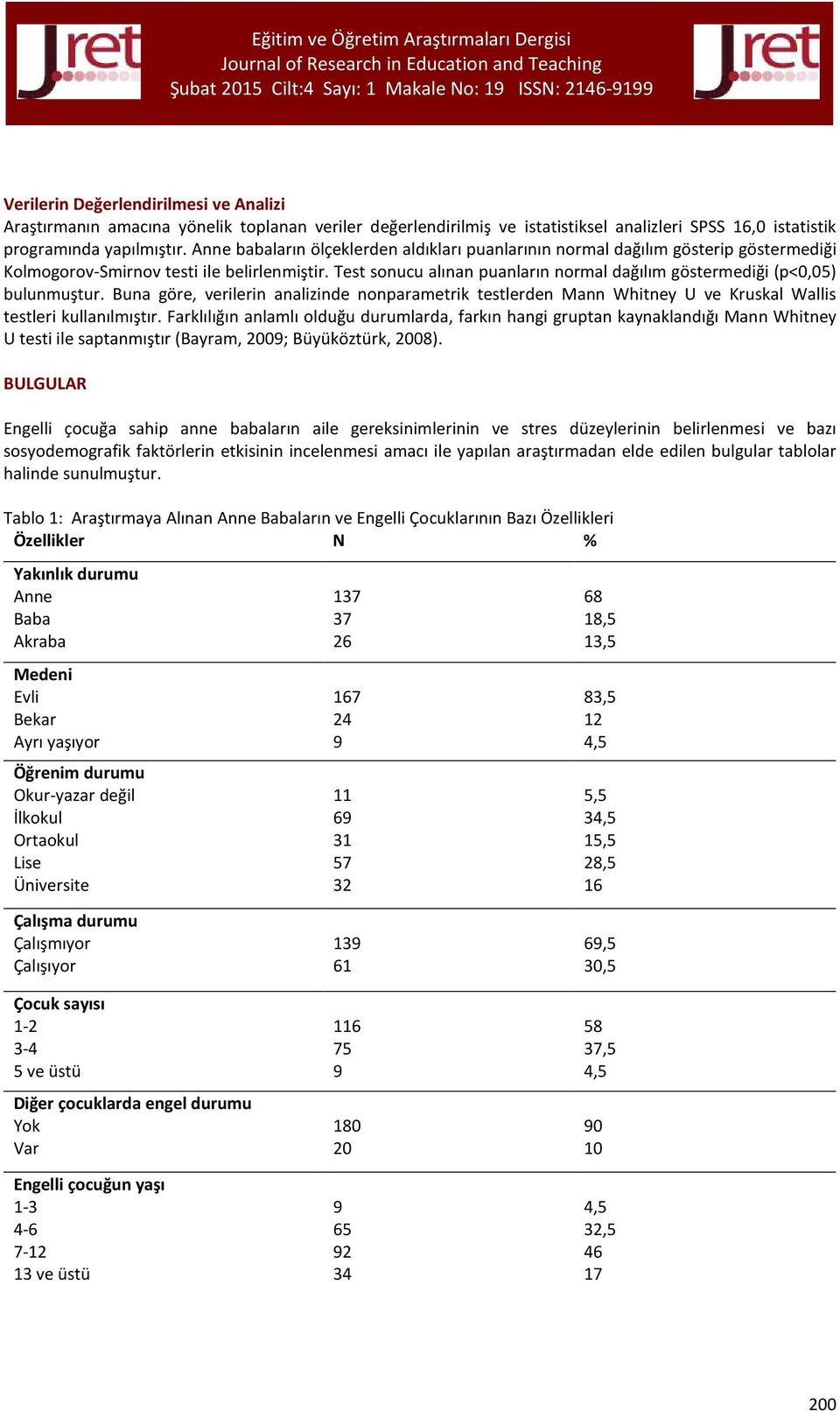 Test sonucu alınan puanların normal dağılım göstermediği (p<0,05) bulunmuştur. Buna göre, verilerin analizinde nonparametrik testlerden Mann Whitney U ve Kruskal Wallis testleri kullanılmıştır.