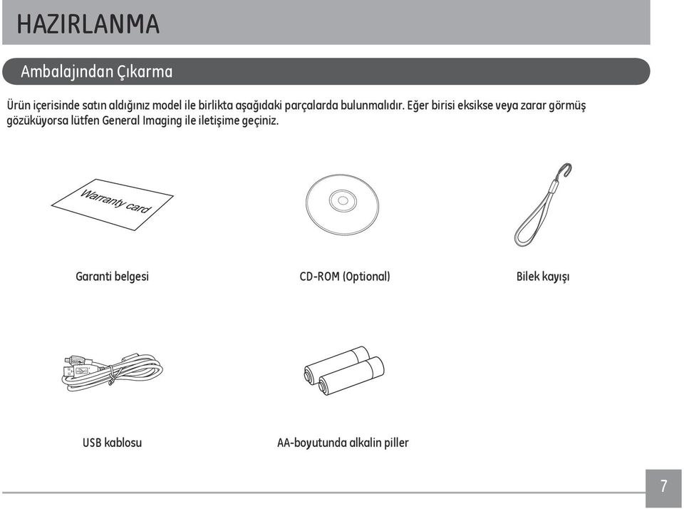 Eğer birisi eksikse veya zarar görmüş gözüküyorsa lütfen General Imaging