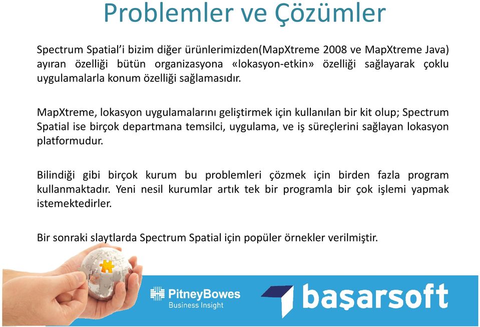 MapXtreme, lokasyon uygulamalarını geliştirmek için kullanılan bir kit olup; Spectrum Spatial ise birçok departmana temsilci, uygulama, ve iş süreçlerini sağlayan