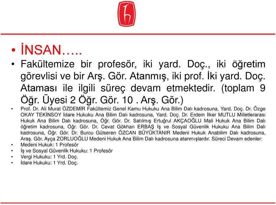 Gör. Dr. Satılmış Ertuğrul AKÇAOĞLU Mali Hukuk Ana Bilim Dalı öğretim kadrosuna, Öğr. Gör. Dr. Cevat Gökhan ERBAŞ İş ve Sosyal Güvenlik Hukuku Ana Bilim Dalı kadrosuna, Öğr. Gör. Dr. Burcu Gülseren ÖZCAN BÜYÜKTANIR Medeni Hukuk Anabilim Dalı kadrosuna, Araş.