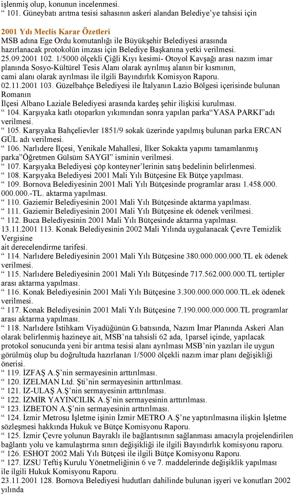 imzası için Belediye Başkanına yetki verilmesi. 25.09.2001 102.