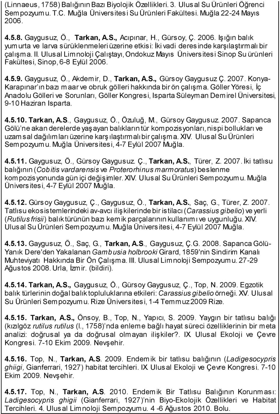 Ulusal Limnoloji Çalıştayı, Ondokuz Mayıs Üniversitesi Sinop Su ürünleri Fakültesi, Sinop, 6-8 Eylül 2006. 4.5.9. Gaygusuz, Ö., Akdemir, D., Tarkan, A.S., Gürsoy Gaygusuz Ç. 2007.