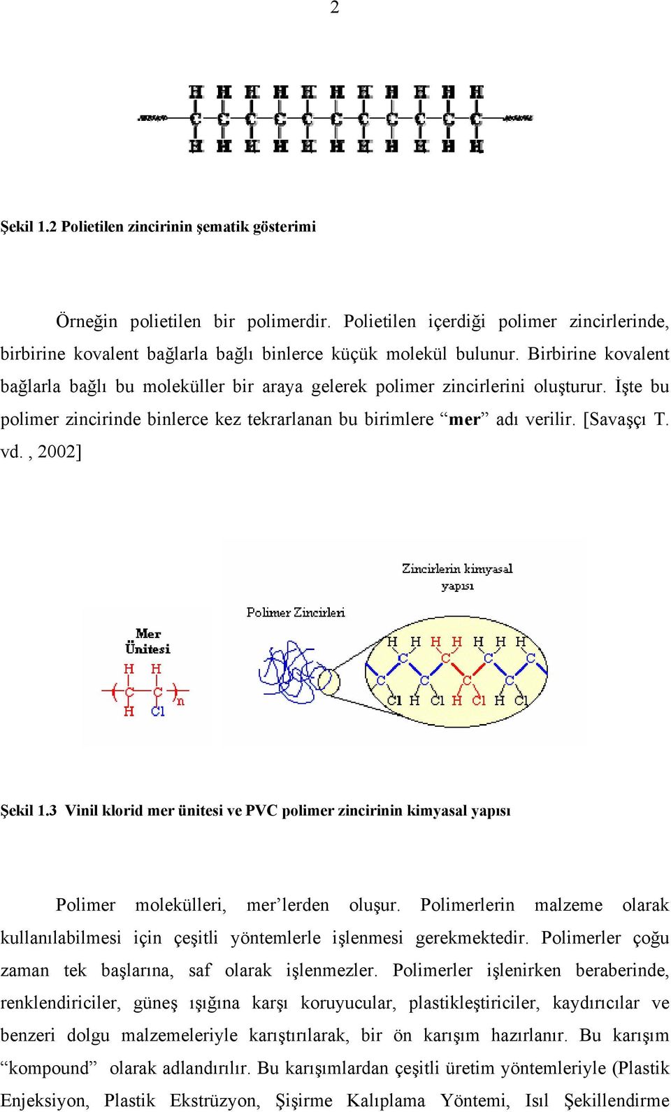 , 2002] Şekil 1.3 Vinil klorid mer ünitesi ve PVC polimer zincirinin kimyasal yapısı Polimer molekülleri, mer lerden oluşur.