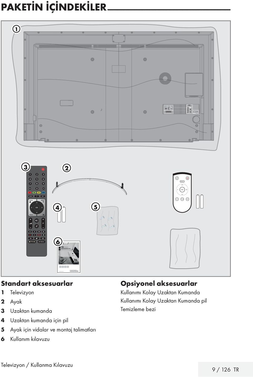 Standart-aksesuarlar 1- Televizyon 2- Ayak 3- Uzaktan kumanda 4- Uzaktan kumanda için pil 5- Ayak
