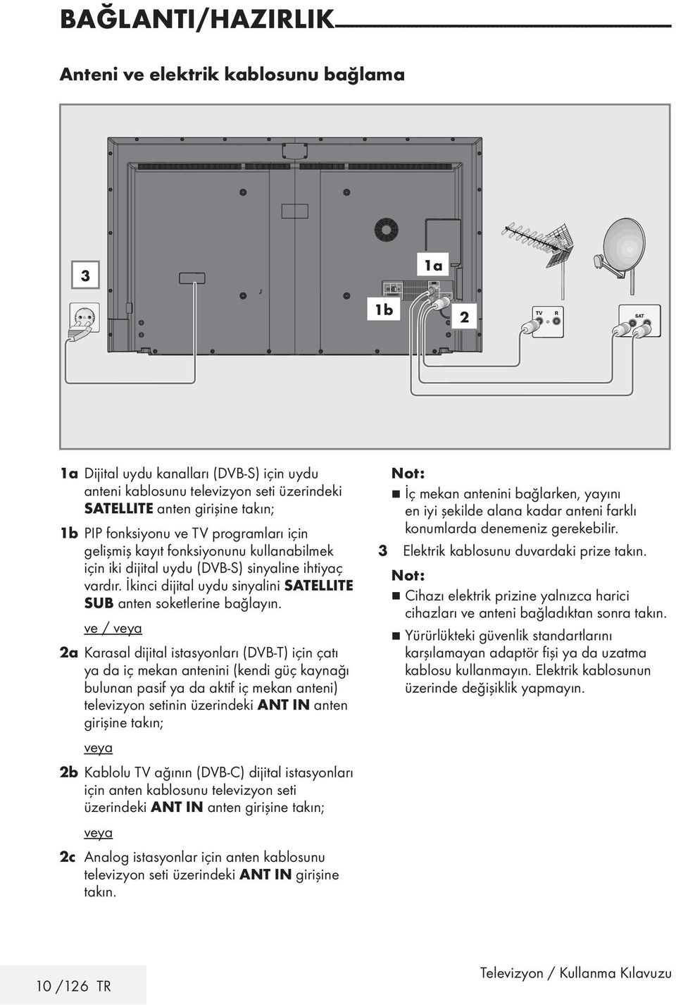 programları için gelişmiş kayıt fonksiyonunu kullanabilmek için iki dijital uydu (DVB-S) sinyaline ihtiyaç vardır. İkinci dijital uydu sinyalini SATELLITE SUB anten soketlerine bağlayın.