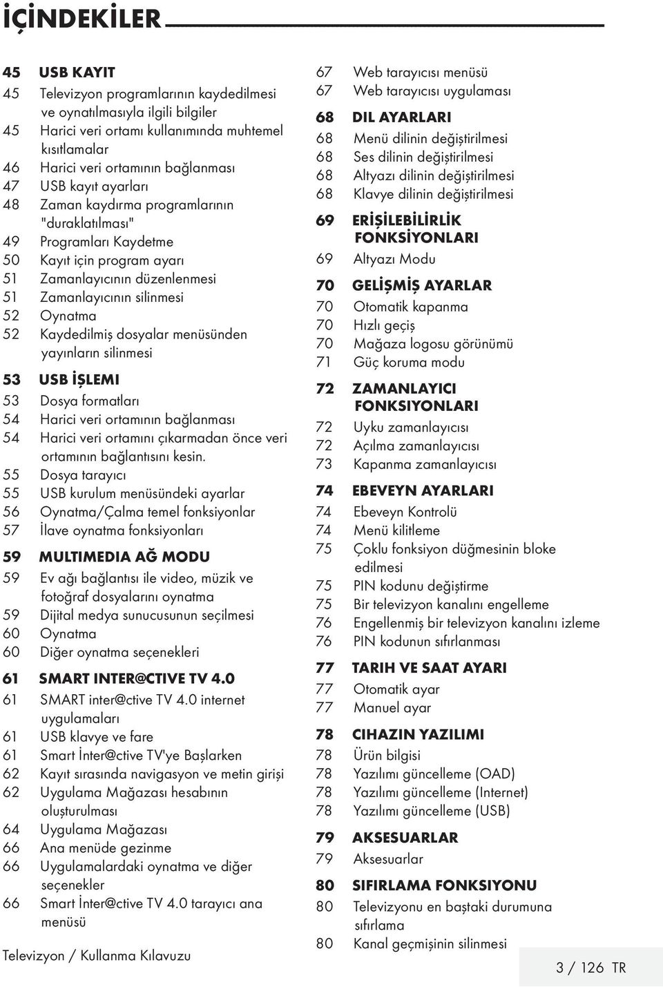 50 Kayıt için program ayarı 51 Zamanlayıcının düzenlenmesi 51 Zamanlayıcının silinmesi 52 Oynatma 52 Kaydedilmiş dosyalar menüsünden yayınların silinmesi 53 USB İŞLEMI 53 Dosya formatları 54 Harici