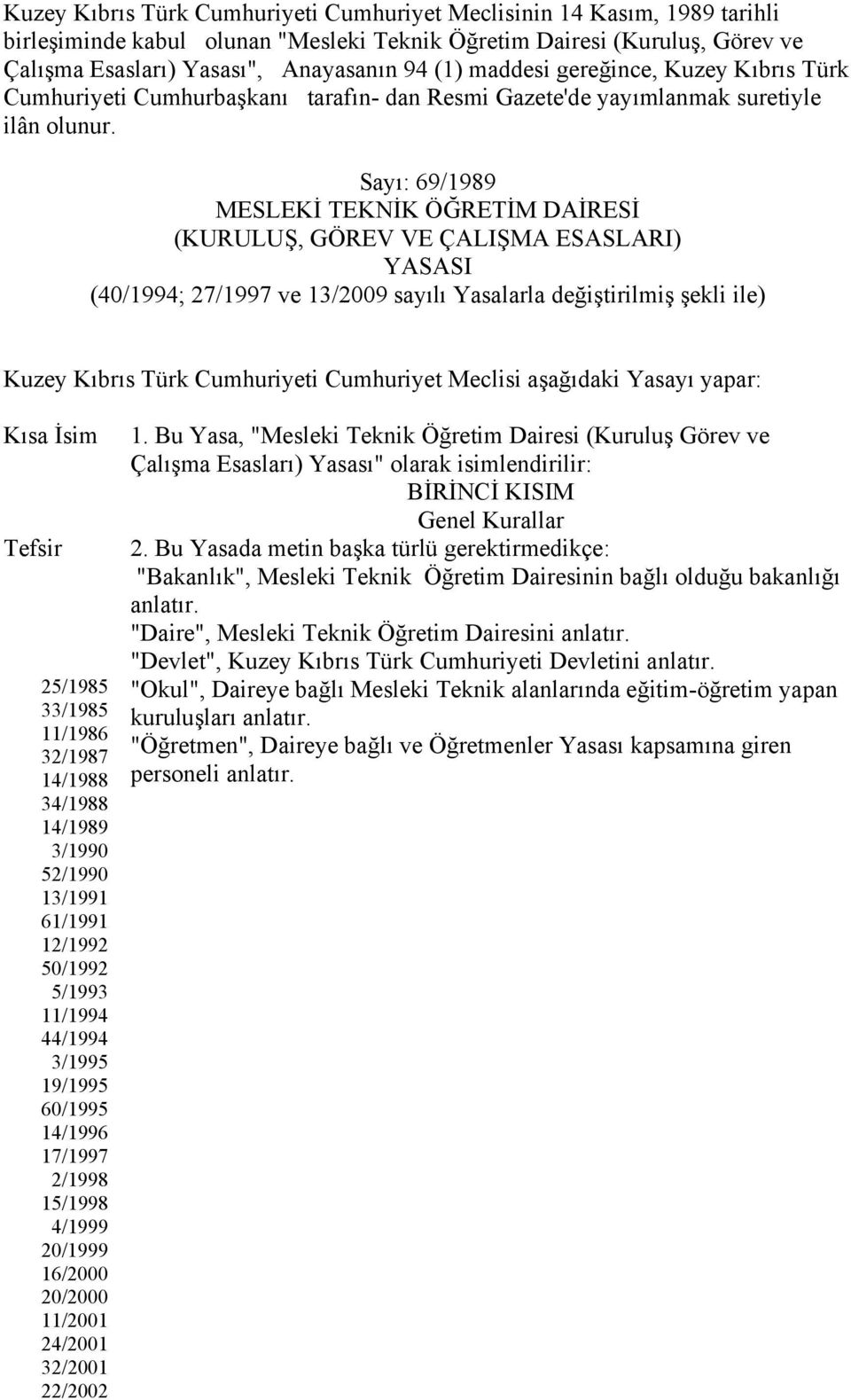 Sayı: 69/1989 MESLEKİ TEKNİK ÖĞRETİM DAİRESİ (KURULUŞ, GÖREV VE ÇALIŞMA ESASLARI) YASASI (40/1994; 27/1997 ve 13/2009 sayılı Yasalarla değiştirilmiş şekli ile) Kuzey Kıbrıs Türk Cumhuriyeti