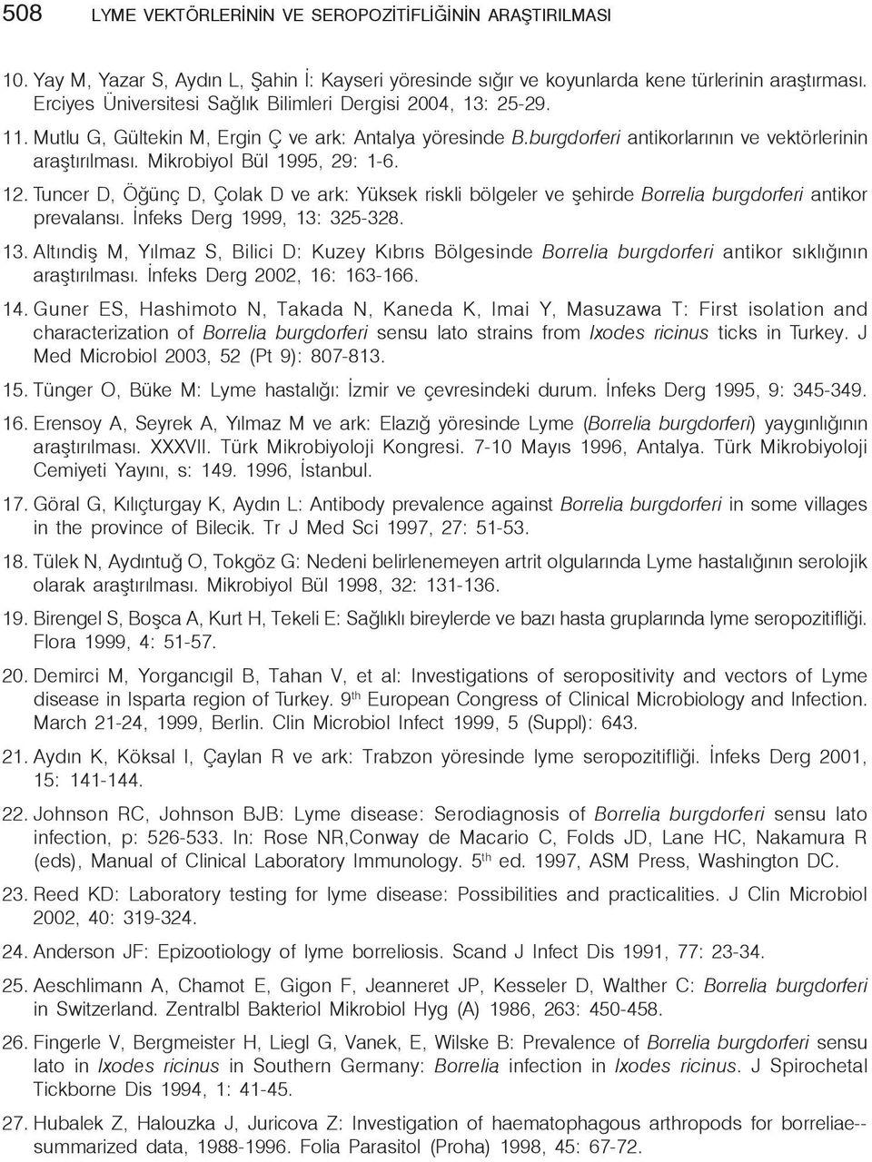 Mikrobiyol Bül 1995, 29: 1-6. 12. Tuncer D, Öğünç D, Çolak D ve ark: Yüksek riskli bölgeler ve şehirde Borrelia burgdorferi antikor prevalansı. İnfeks Derg 1999, 13: