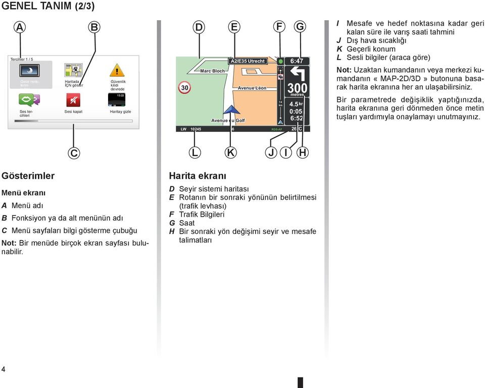 5 km 0:05h 6:52 I Mesafe ve hedef noktasına kadar geri kalan süre ile varış saati tahmini J Dış hava sıcaklığı K Geçerli konum L Sesli bilgiler (araca göre) Not: Uzaktan kumandanın veya merkezi