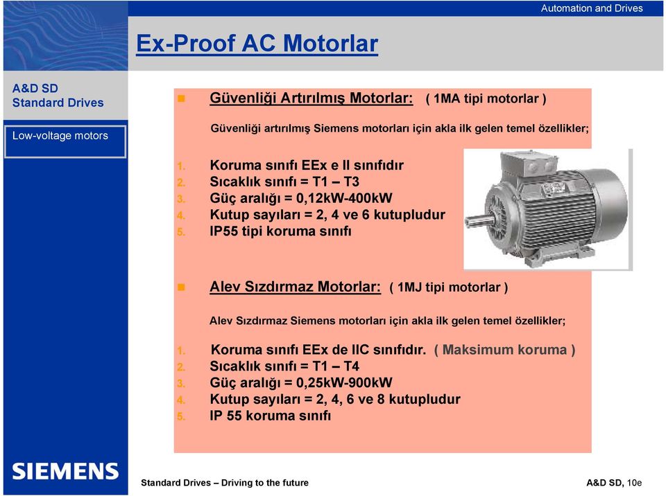 IP55 tipi koruma sınıfı Alev Sızdırmaz Motorlar: ( 1MJ tipi motorlar ) Alev Sızdırmaz Siemens motorları için akla ilk gelen temel özellikler; 1.